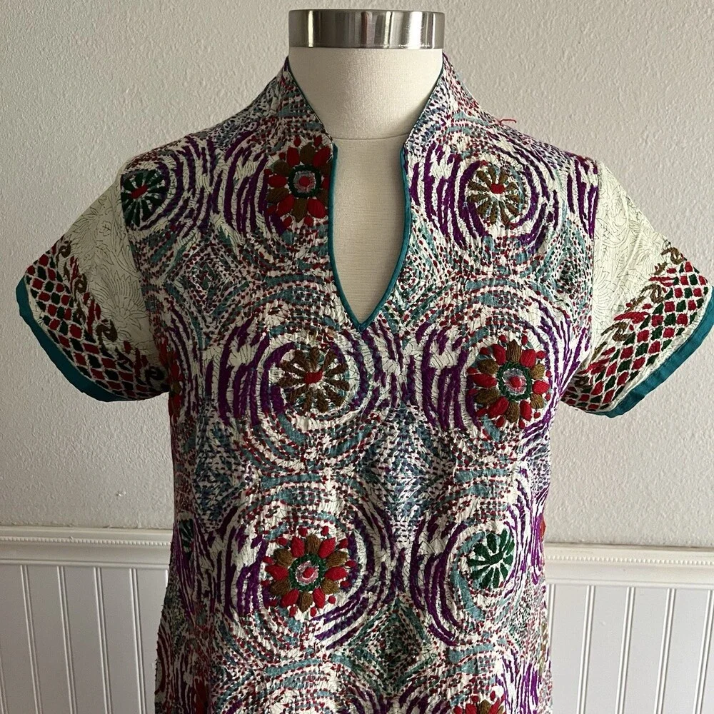 Women's Short Sleeve Side Split Tunic Kameez Multicolor Embroidered Cotton M - Picture 2 of 10